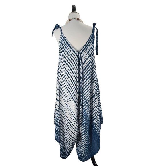 The Pō`alima Romper Blue/White V-Neck V Back Shoulder Tie  Boho Gypsy  Wide Leg - Picture 13 of 15
